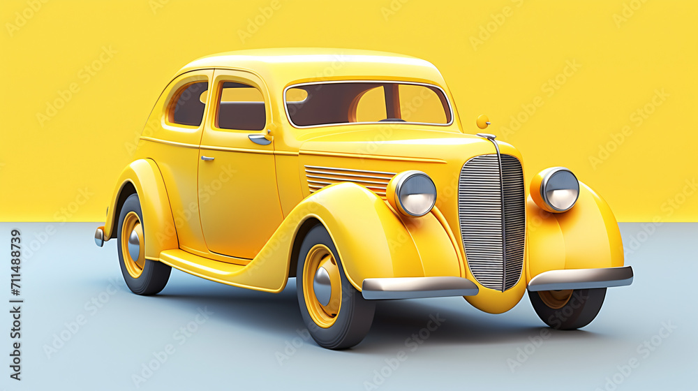 Yellow car retro vintage model 3d illustration cartoon