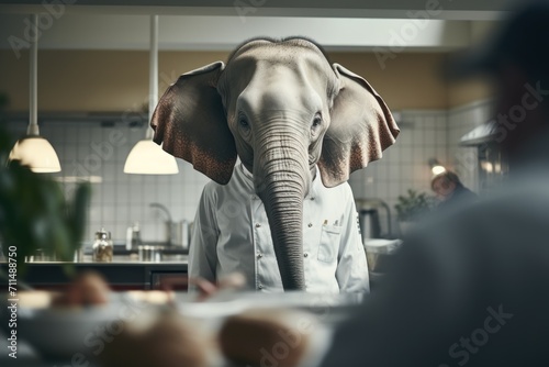 Elephant as a chef cook in a restaurant kitchen.