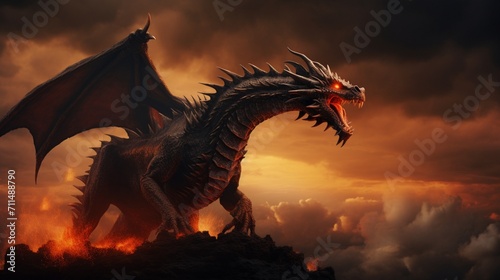 An ultra-realistic scene of a fire dragon breathing flames, silhouetted against a stormy sky - Generative AI © Huzaifa