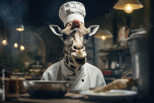 Giraffe as a chef cook in a restaurant kitchen. © vlntn