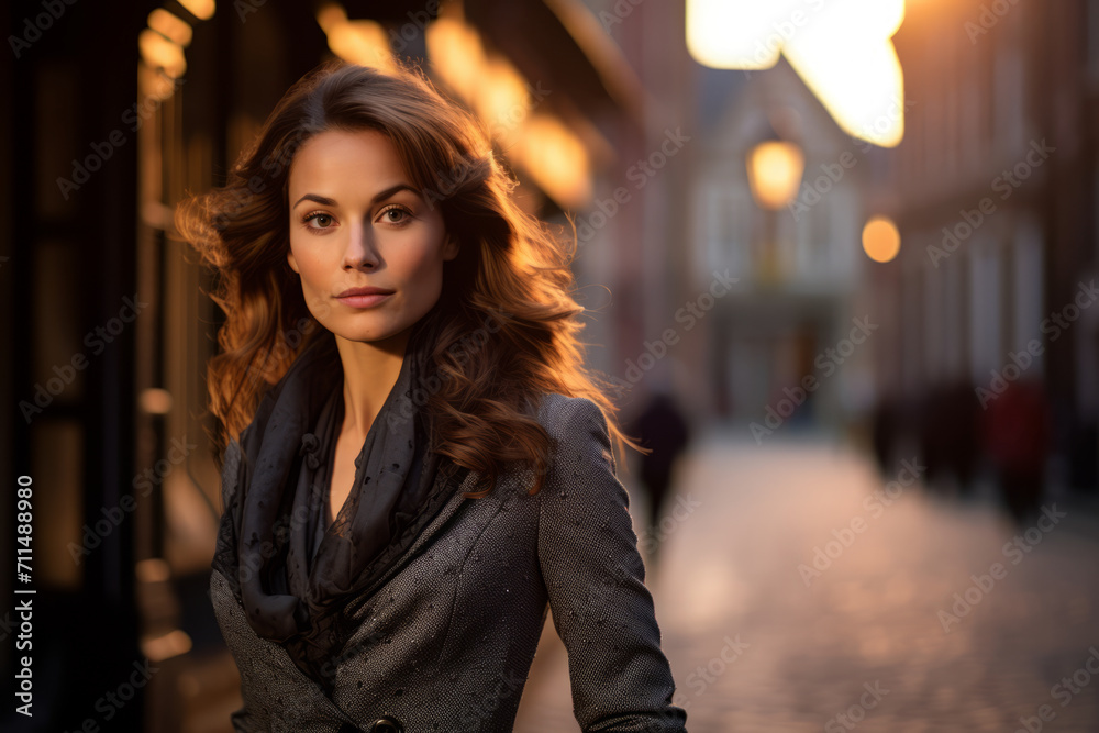 Fototapeta premium Elegant woman in her mid-thirties, wearing a graphite gray coat dress with a silver brooch, standing in a cobblestone street of an old European town, with the sun setting behind the antique buildings