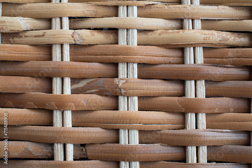 Knit or woven wooden straw basket pattern background. Close up macro shot, no people