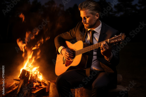A Successful Businessman Unwinding from Corporate Stress, Strumming a Guitar by the Warm Glow of a Campfire Underneath the Starlit Sky