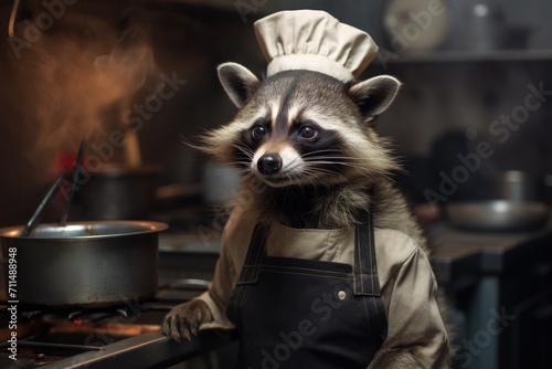Raccoon as a chef cook in a restaurant kitchen.