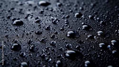 drops of water on a dark shiny surface     