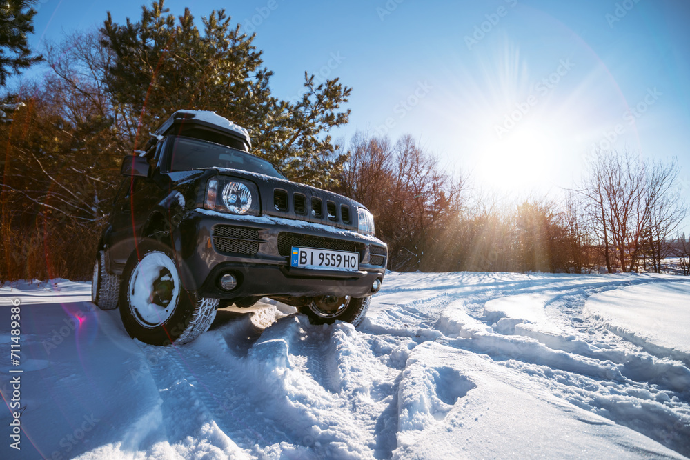 Khmelnytskyi, Ukraine January 09 2024 Suzuki Jimny SUV vehicle