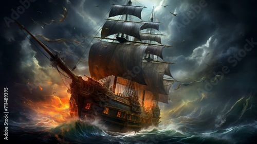 An ultra realistic scene of a ship in a storm - Generative AI photo