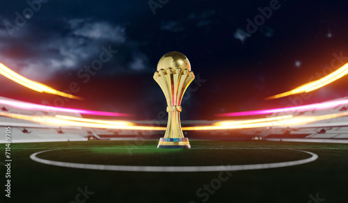 Golden winner s cup in the middle of a stadium 3d illustration