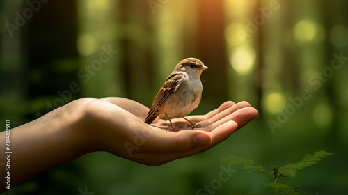 Uma pessoa segurando um pássaro pardal na mão  © vitor