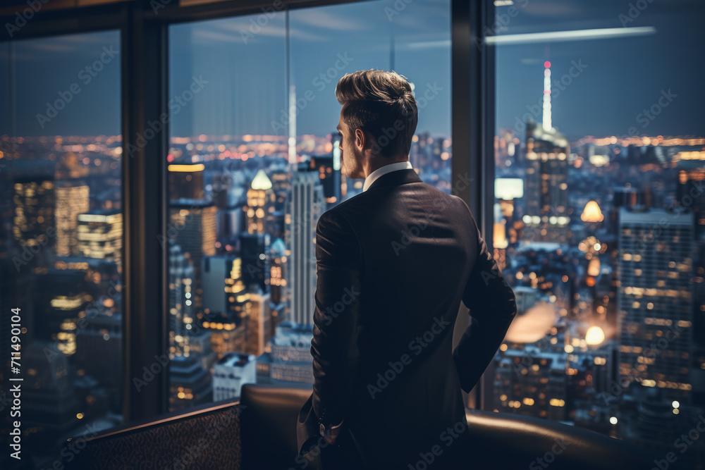 A sophisticated gentleman in a tailored suit and a black and silver pocket square, thoughtfully gazing out a floor-to-ceiling window overlooking a bustling cityscape at dusk - obrazy, fototapety, plakaty 