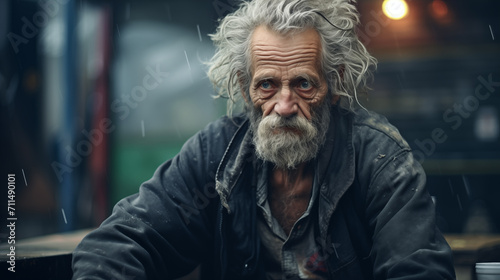 Morador de rua velho com barba grande photo