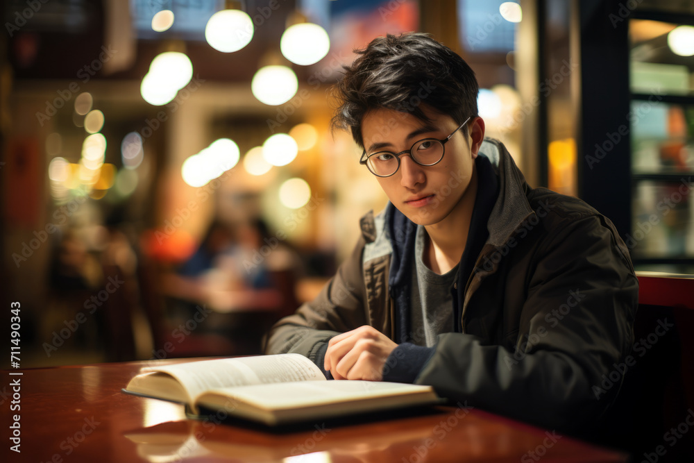 A young Asian adult with spiky hair and glasses, immersed in a book at a bustling city cafe, as the world around him blurs into a symphony of colors and sounds A young Asian adult with spiky hair and glasses, immersed in a book at a bustling city cafe, as the world around him blurs into a symphony of colors and sounds