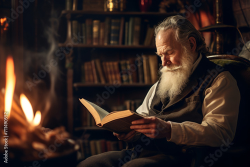 A distinguished mature gentleman with a white beard, wearing suspenders, sitting in a rustic chair while reading an old book in a vintage library with a warm glow from a nearby fireplace photo