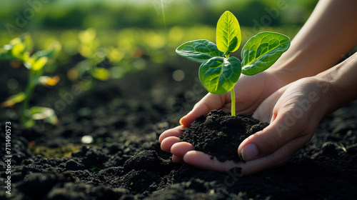 young plant growing in garden with sunlight, Young plant in hands in background of agricultural field area. Woman holding in hands green sprout seedling on black soil. Concept of Earth day, organic 