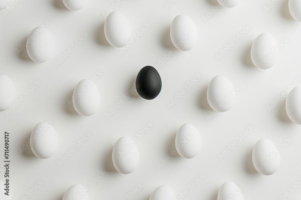 Flat lay of white eggs and one black egg.Minimal concept.Pattern.