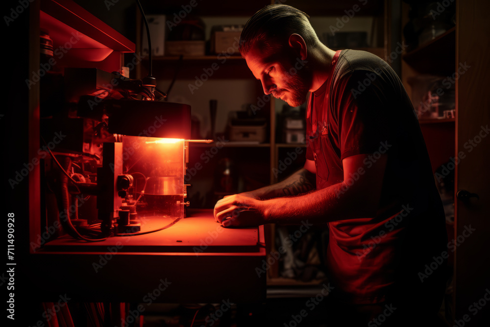 Passionate Photographer Immersed in His Craft, Illuminated by the Warm Glow of Darkroom Red Lighting, Exhibiting Intense Focus While Developing Photos Passionate Photographer Immersed in His Craft, Illuminated by the Warm Glow of Darkroom Red Lighting, Exhibiting Intense Focus While Developing Photos