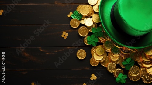 St Patrick's Day concept leprechaun hat and gold coins background top view