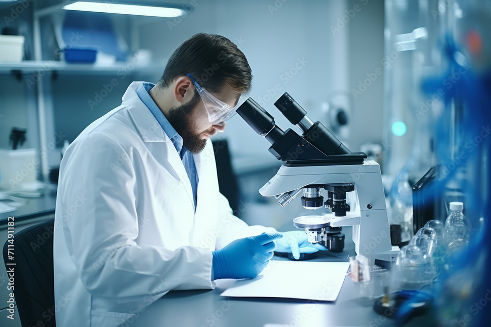 Virologist in a Modern Laboratory, Analyzing Microscopic Images of Pathogens, Engaged in Groundbreaking Research on Infectious Diseases Virologist in a Modern Laboratory, Analyzing Microscopic Images of Pathogens, Engaged in Groundbreaking Research on Infectious Diseases