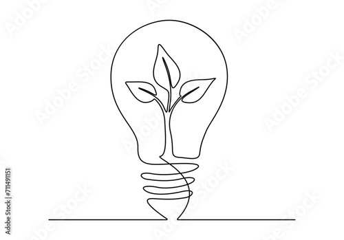 Continuous one line drawing of Light bulb inside plant. Isolated on white background vector illustration. Free vector