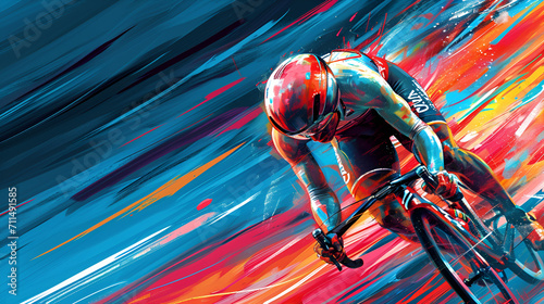 bicyclist From the right of image with a focus on a dynamic stride, energy and motion, vibrant colors, abstract background 
