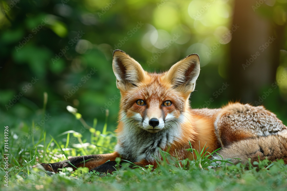 Obraz premium Young Red Fox Lying on the Grass in A Green Natural Background, ai technology