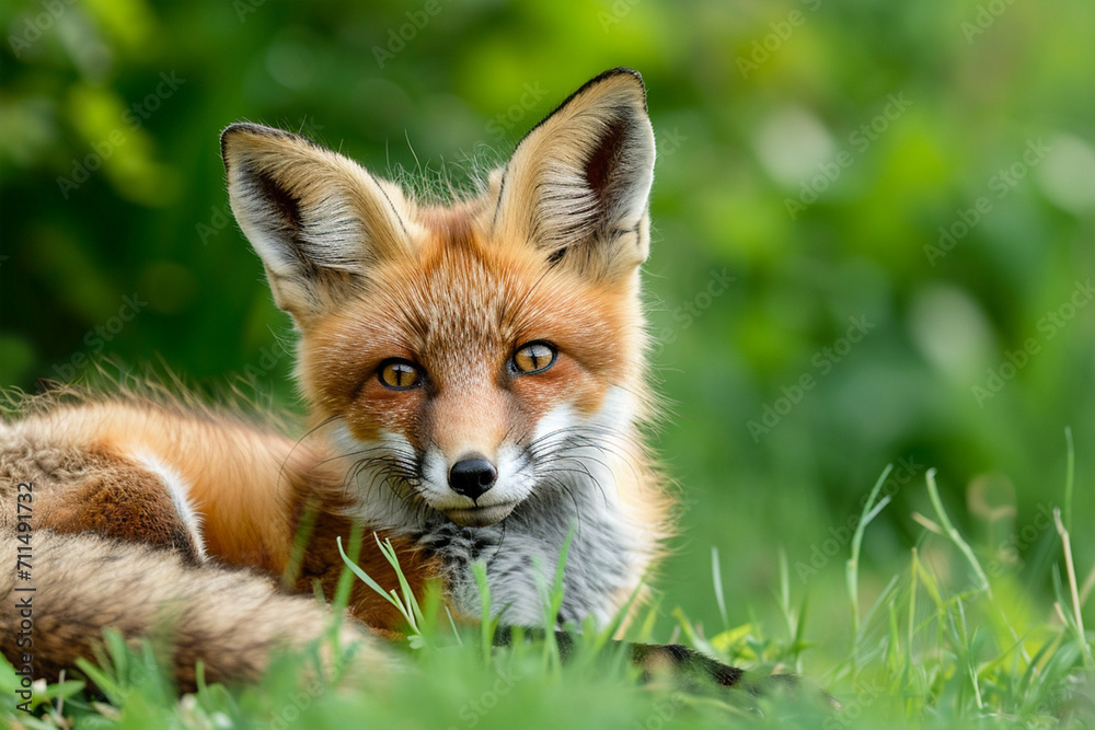 Young Red Fox Lying on the Grass in A Green Natural Background, ai technology Young Red Fox Lying on the Grass in A Green Natural Background, ai technology