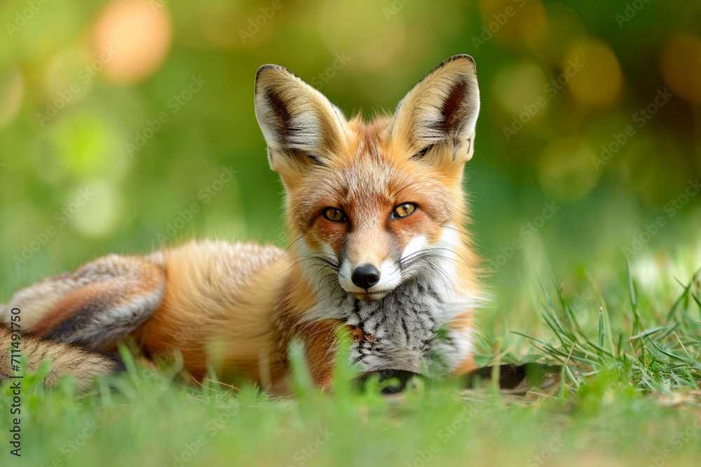 Young Red Fox Lying on the Grass in A Green Natural Background, ai technology Young Red Fox Lying on the Grass in A Green Natural Background, ai technology