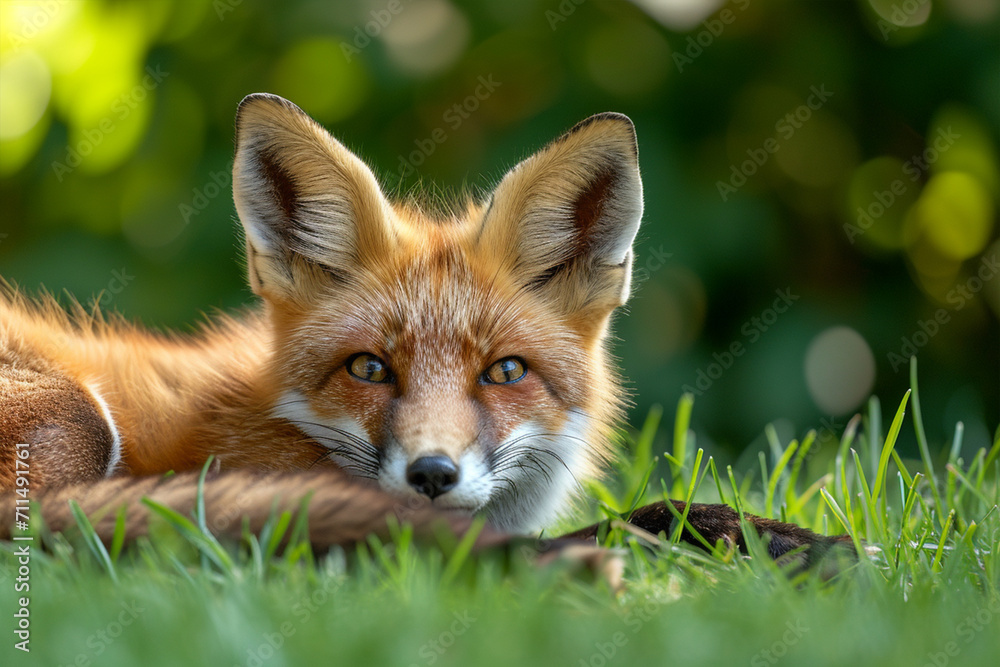 Obraz premium Young Red Fox Lying on the Grass in A Green Natural Background, ai technology