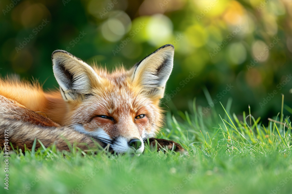 Fototapeta premium Young Red Fox Lying on the Grass in A Green Natural Background, ai technology