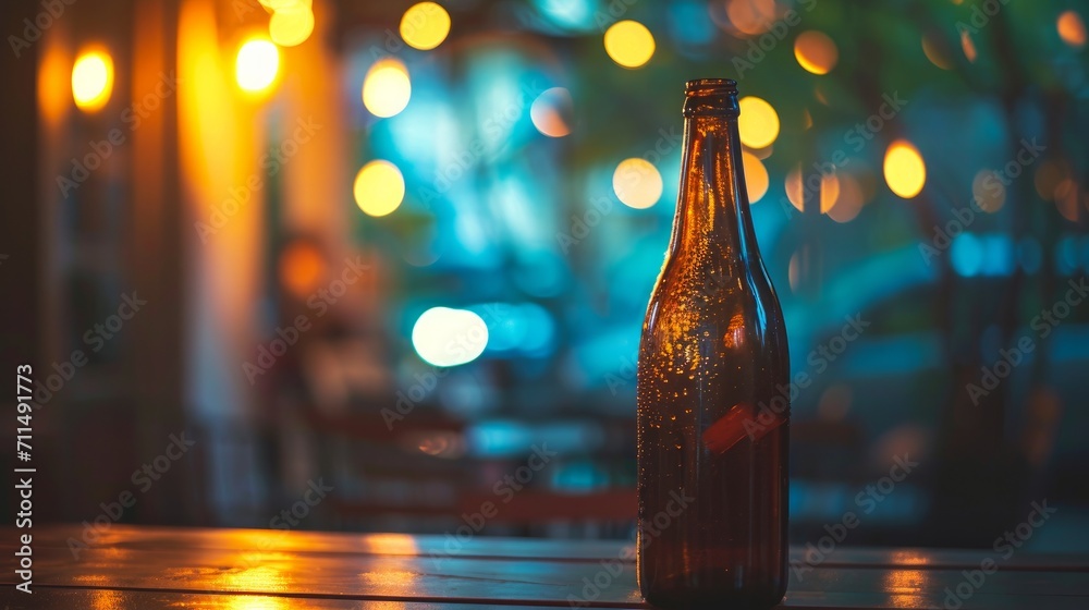 Glass bottle with a drink on a table on a blurred background.      - obrazy, fototapety, plakaty 