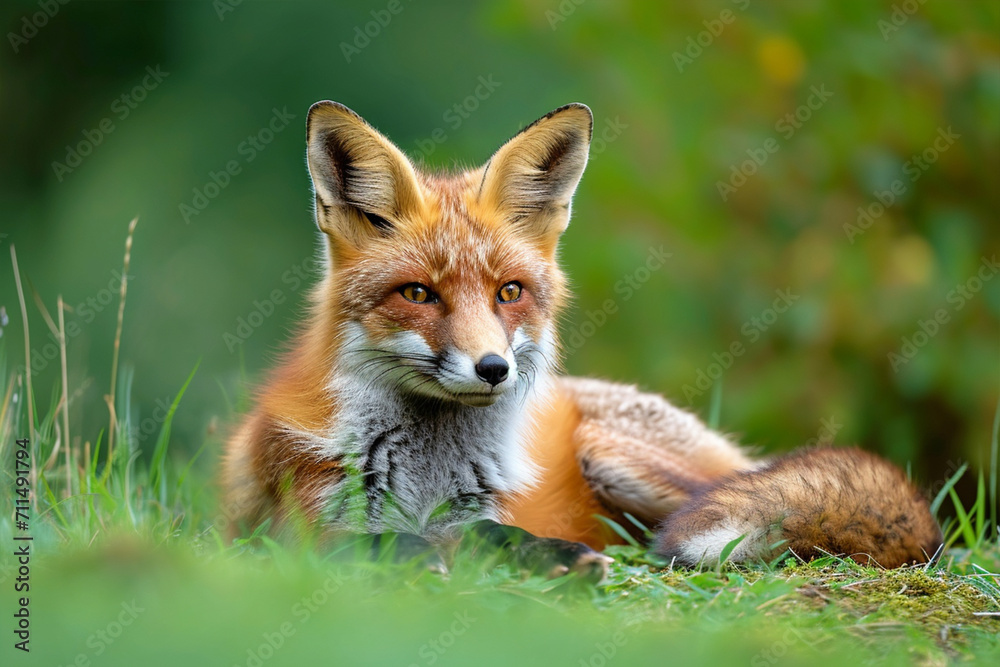 Naklejka premium Young Red Fox Lying on the Grass in A Green Natural Background, ai technology