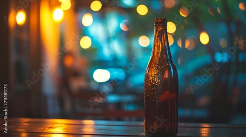 Glass bottle with a drink on a table on a blurred background.      photo