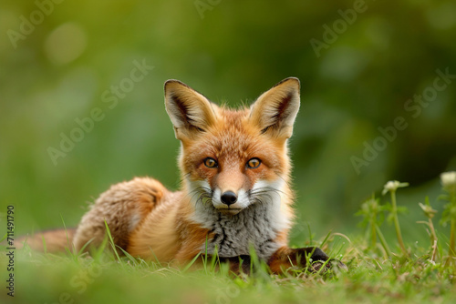 Young Red Fox Lying on the Grass in A Green Natural Background, ai technology