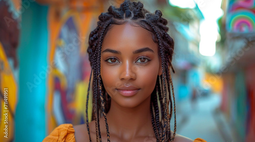 An Afro-Caribbean woman embracing her natural hair, styled in intricate braids, against a backdrop of colorful street art in a lively urban setting.