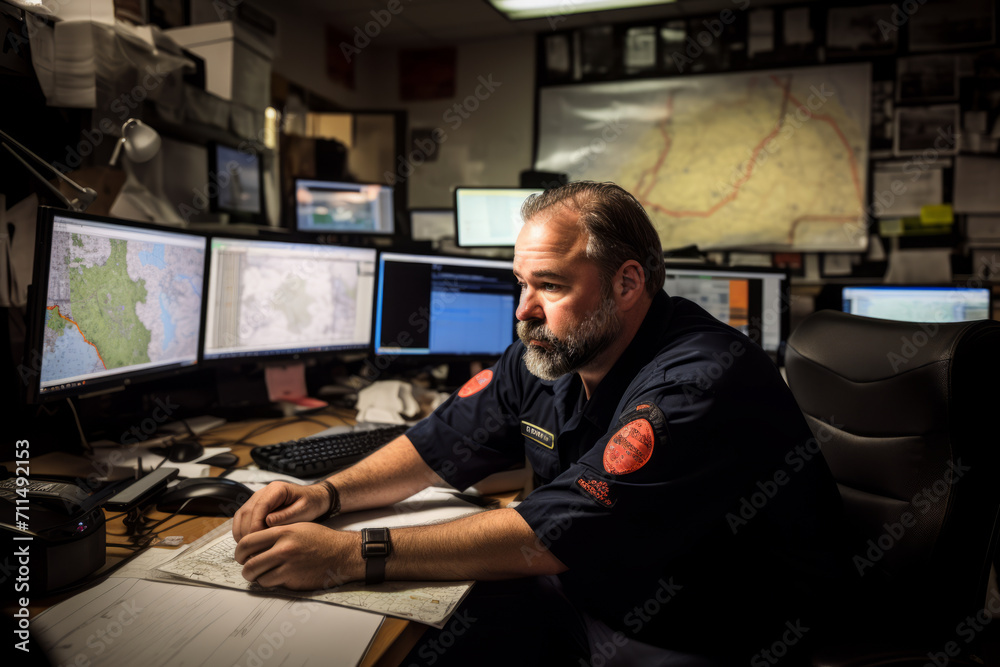 A Determined Disaster Response Coordinator, Strategically Planning Emergency Procedures Amidst a High-Tech Command Center, Reflecting the Intensity of His Crucial Role