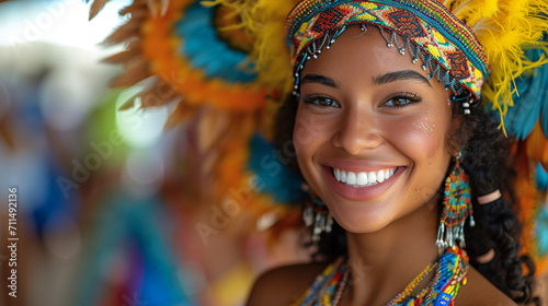 A Brazilian woman showcasing the energy of samba dancing during Carnival, surrounded by vibrant costumes and exuberant festivities.