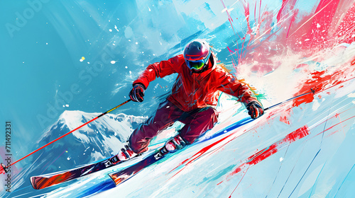 skier on the slope with a focus on a dynamic stride, energy and motion, vibrant colors, abstract background  photo
