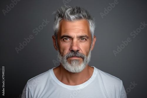 Portrait of a handsome mature man with gray hair and beard on grey background
