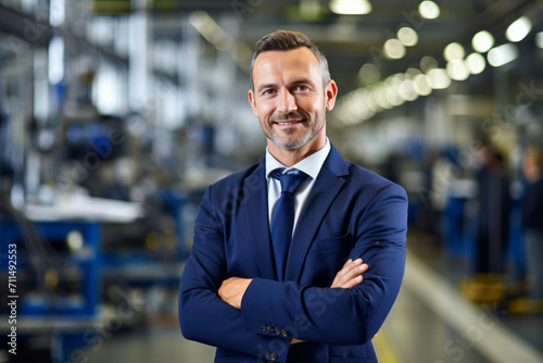 A seasoned Industrial Training Manager, with a confident smile, standing in a bustling factory floor, surrounded by machinery and dedicated workers