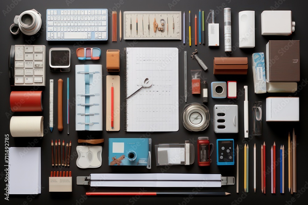Stationary set up on the table, consisting of notebooks, pens, pencils, rulers. Stationary set up on the table, consisting of notebooks, pens, pencils, rulers.