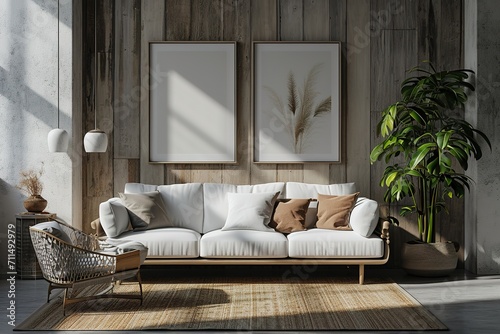 Two frames mockup with white sofa in a modern living room interior, 3d render © Stock