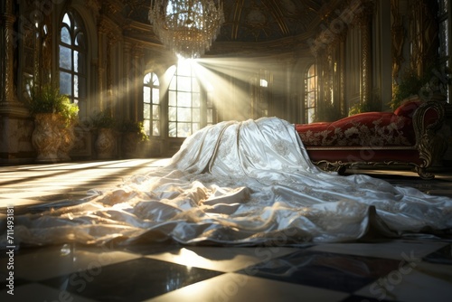 A gorgeous wedding dress is lying on the couch in the sun.