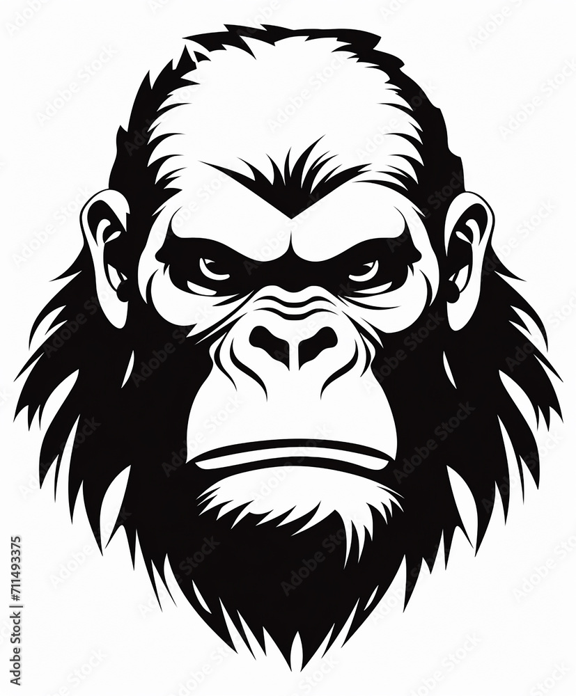 black background minimalist mad gorilla face motif logo design with a unique perspective. The logo should be flat, with the gorilla face represented by simple shapes and lines