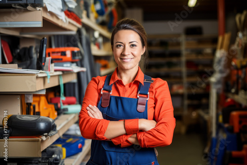 Portrait of a confident female hardware store owner, standing proudly in her well-stocked shop, surrounded by tools, paint cans, and wooden planks