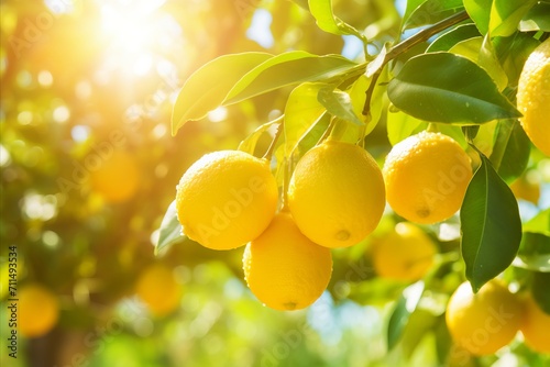 Organic lemon tree with ripe yellow lemons growing on citrus branches in sunny fruiting garden