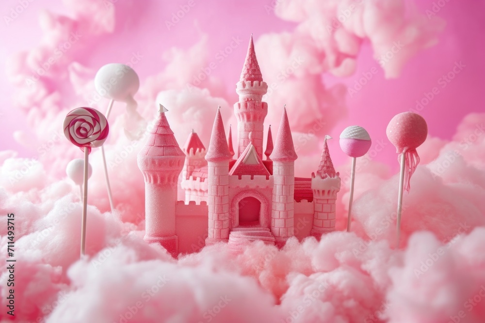 Fototapeta premium a whimsical pink castle realm surrounded by a landscape of sugary clouds, creating an ethereal and enchanting illustration