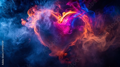 Heart shaped smoke, Cyber â€‹â€‹neon colors, futuristic smoke and fog heart on dark background 