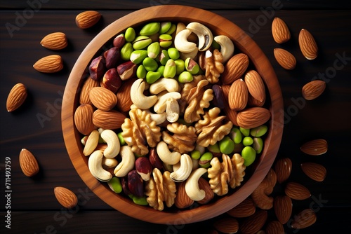 Mixed nuts in wooden bowl - healthy snack with walnuts, pistachios, almonds, hazelnuts, cashews
