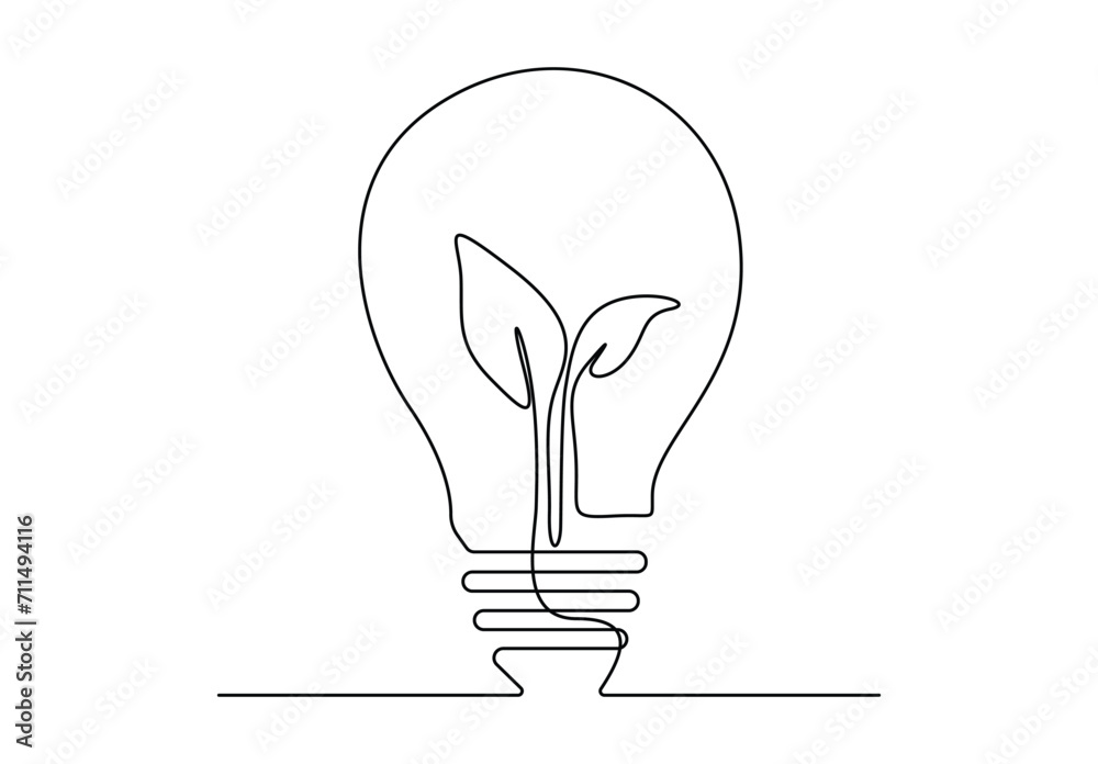 Continuous single line drawing of Light bulb with leaf on white background vector illustration. Free vector Continuous single line drawing of Light bulb with leaf on white background vector illustration. Free vector