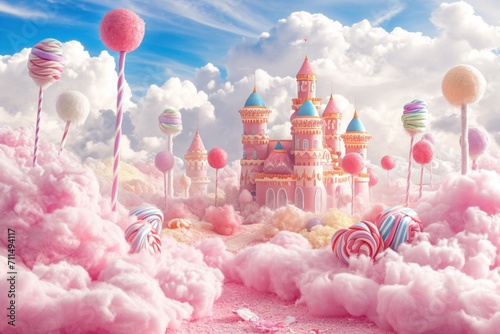 a palace paradise on a cotton candy landscape, with a pink castle surrounded by sugary clouds and dreamy pastel colors photo